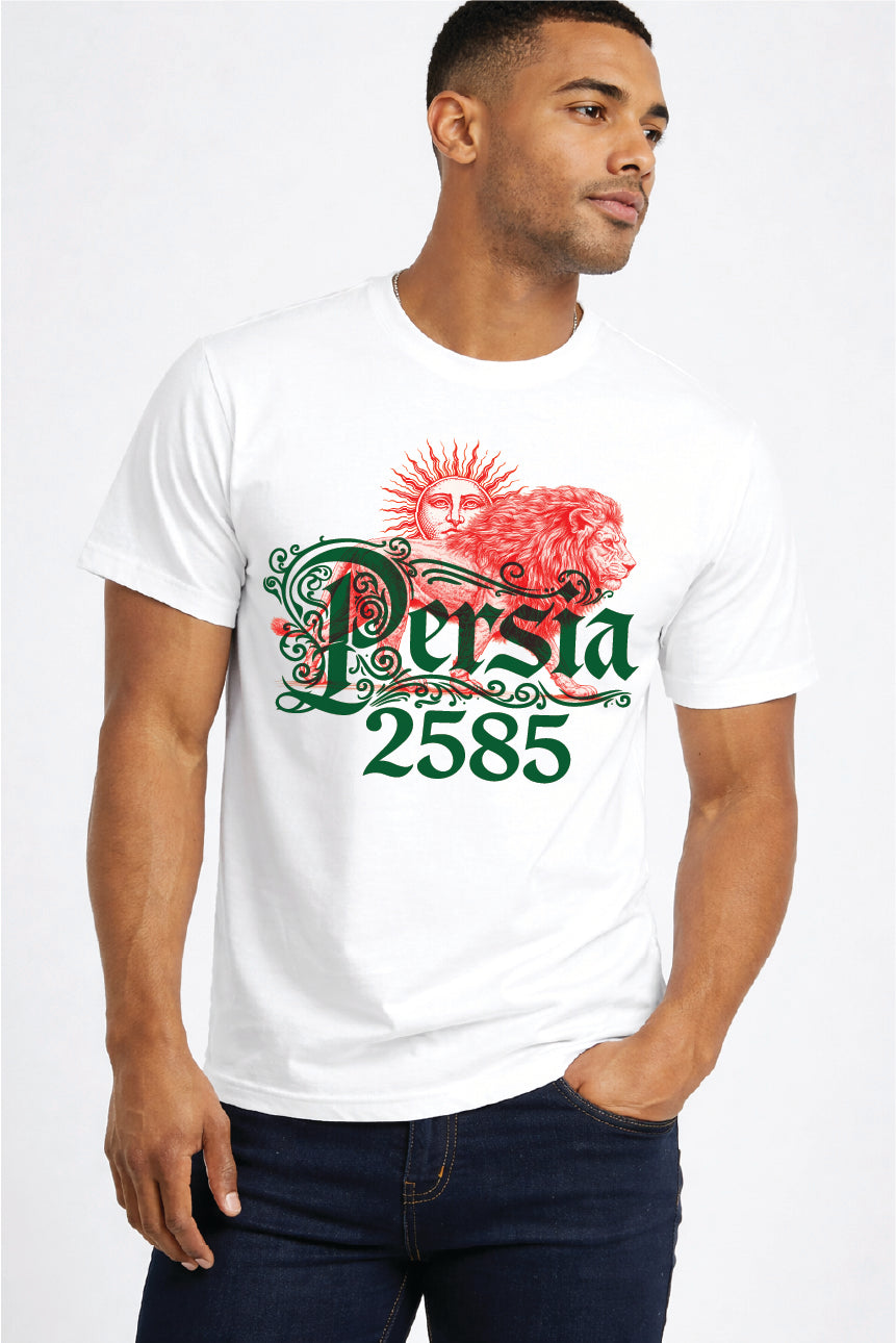 Persia 2585 Lion & Sun T-Shirt – Embossed Persian Heritage Design – Flock Texture Graphic Tee – Persian Imperial Calendar Shirt