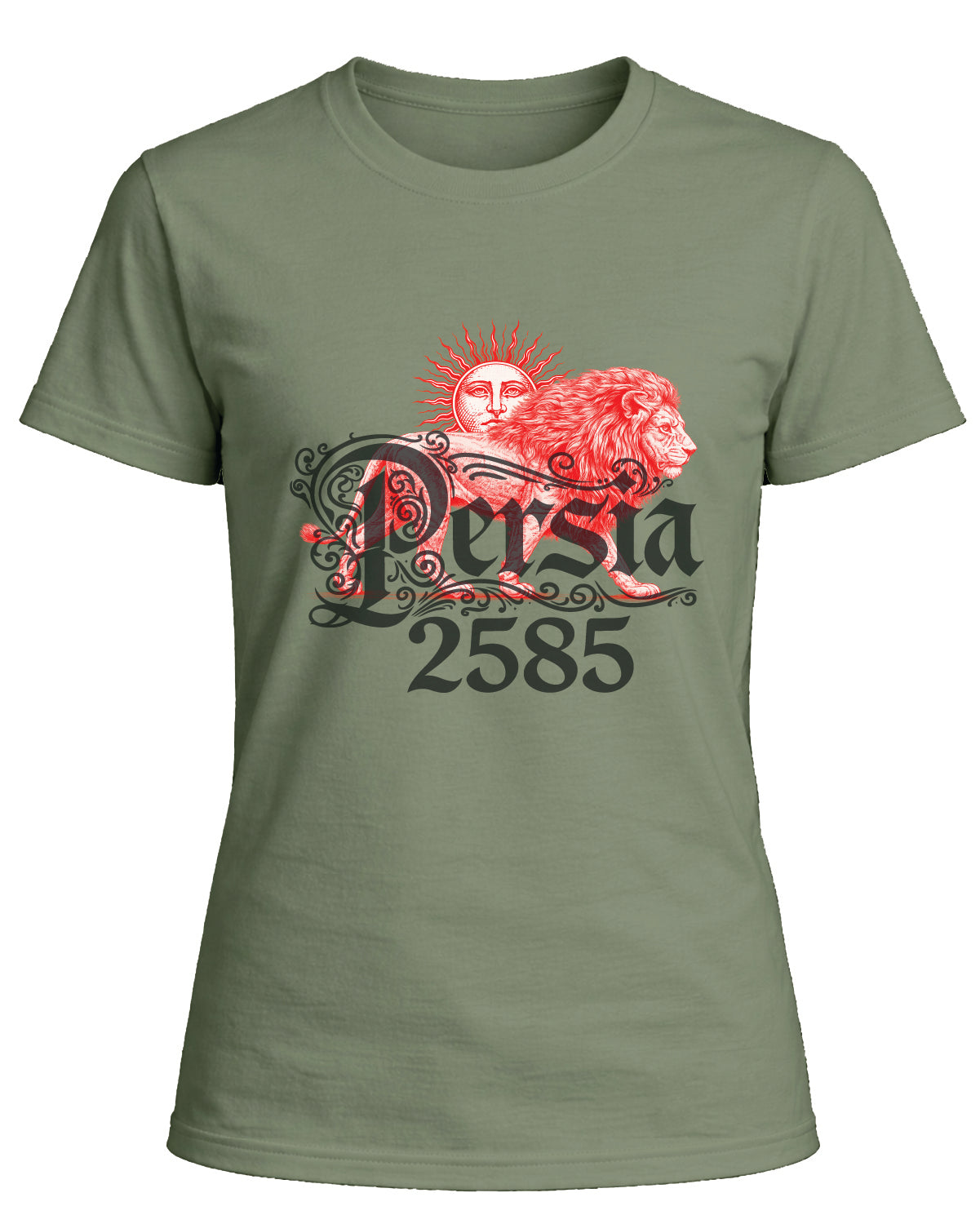 Persia 2585 Lion & Sun T-Shirt – Embossed Persian Heritage Design – Flock Texture Graphic Tee – Persian Imperial Calendar Shirt