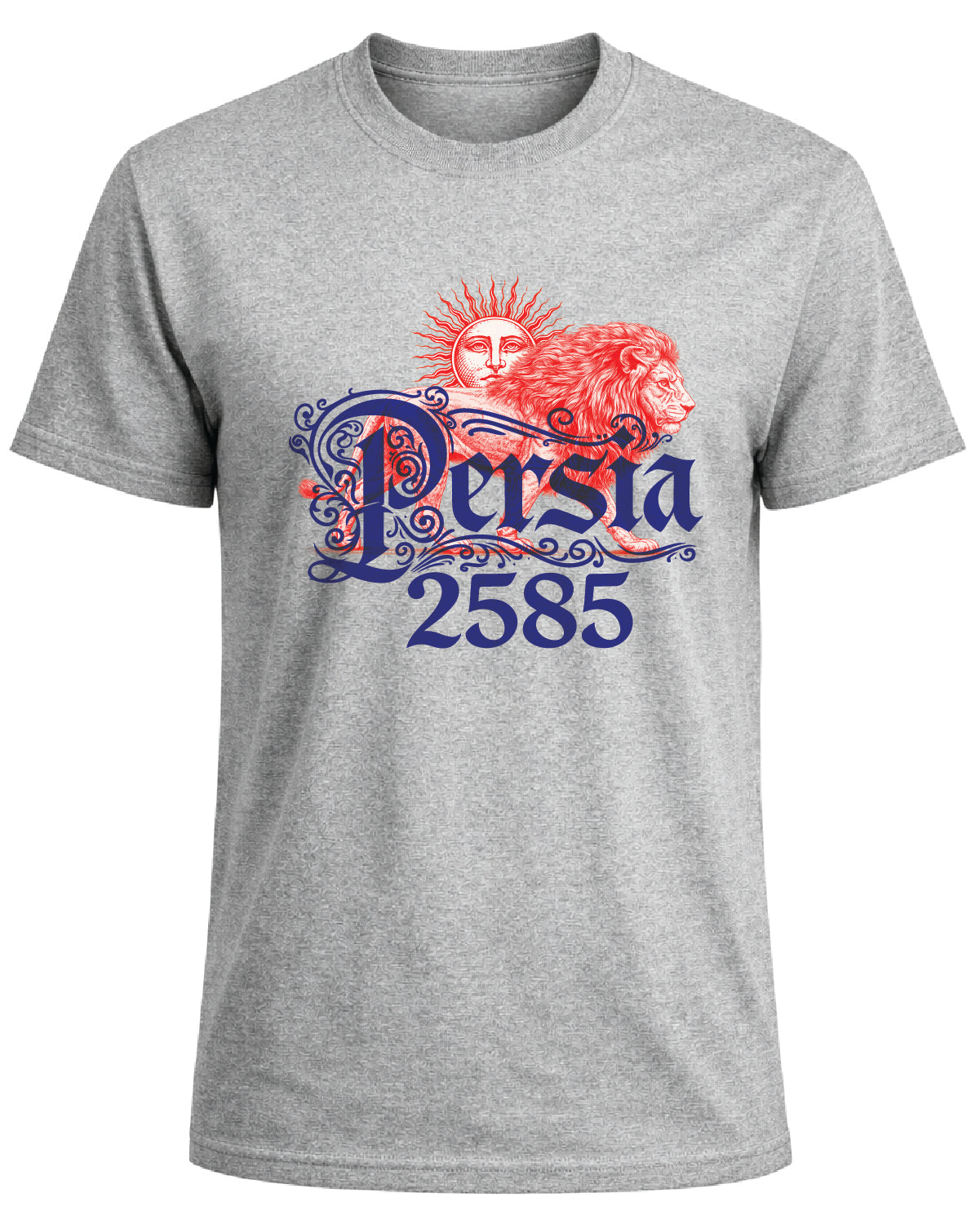 Persia 2585 Lion & Sun T-Shirt – Embossed Persian Heritage Design – Flock Texture Graphic Tee – Persian Imperial Calendar Shirt