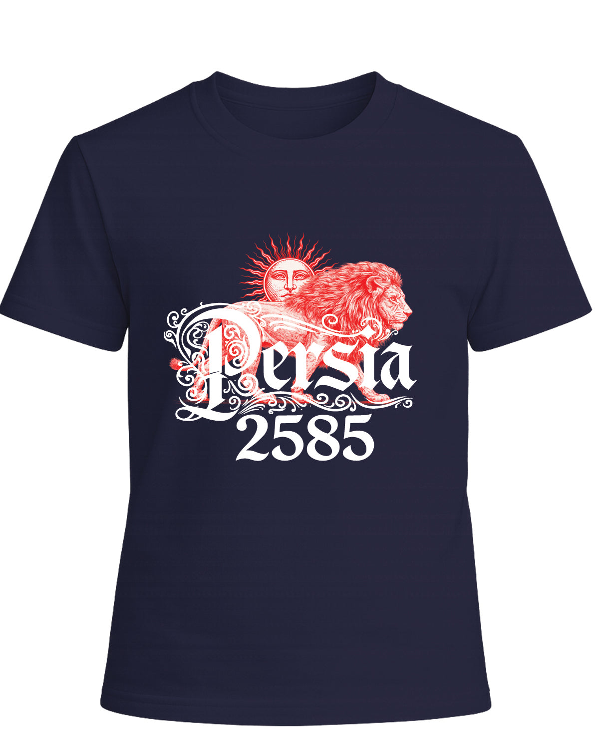 Persia 2585 Lion & Sun T-Shirt – Embossed Persian Heritage Design – Flock Texture Graphic Tee – Persian Imperial Calendar Shirt