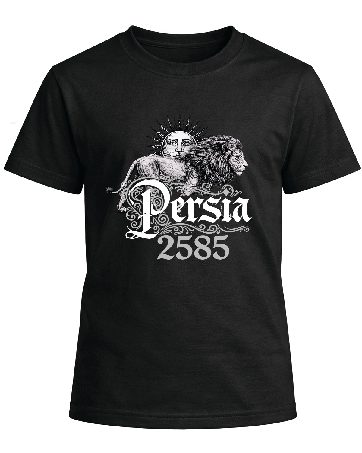 Persia 2585 Lion & Sun T-Shirt – Embossed Persian Heritage Design – Flock Texture Graphic Tee – Persian Imperial Calendar Shirt
