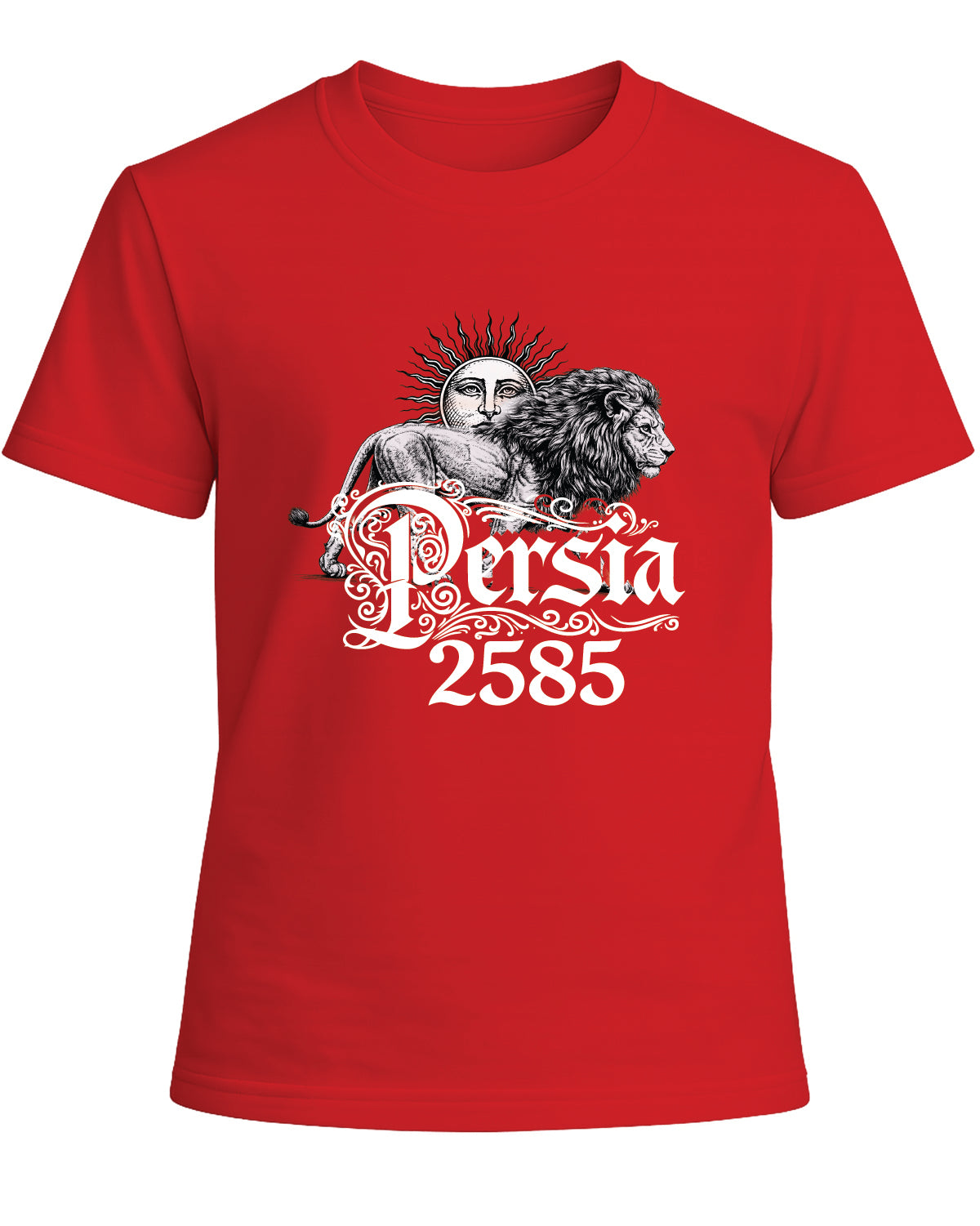Persia 2585 Lion & Sun T-Shirt – Embossed Persian Heritage Design – Flock Texture Graphic Tee – Persian Imperial Calendar Shirt
