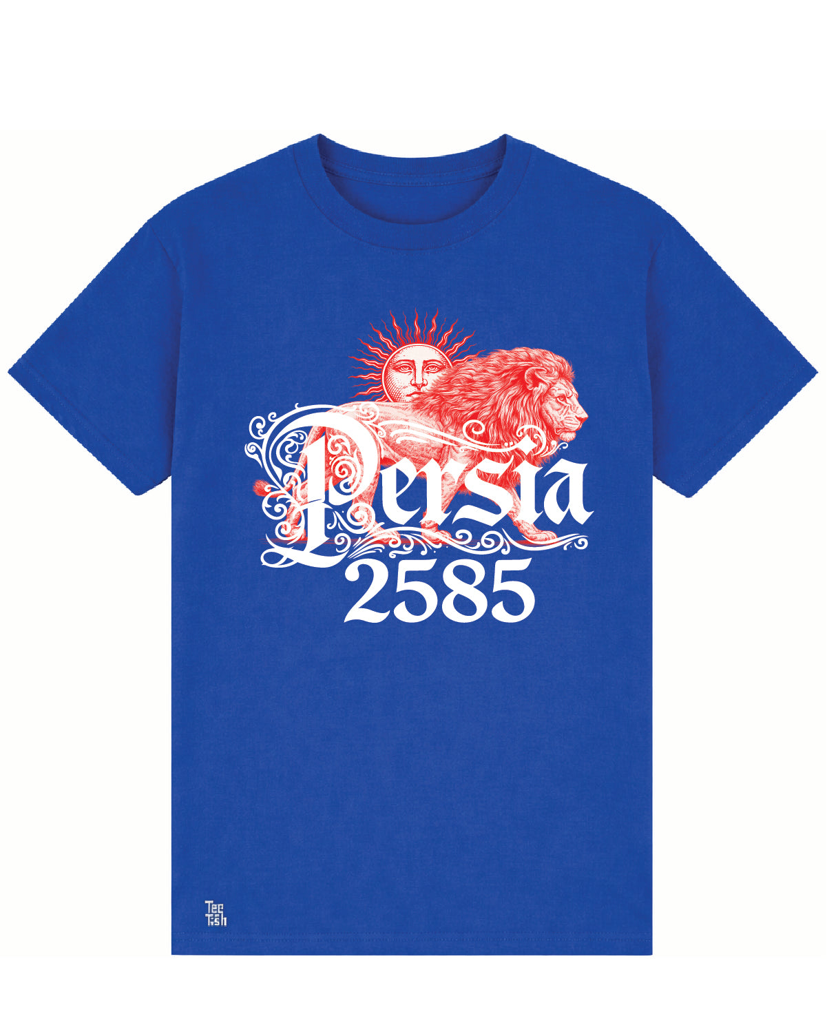 Persia 2585 Lion & Sun T-Shirt – Embossed Persian Heritage Design – Flock Texture Graphic Tee – Persian Imperial Calendar Shirt